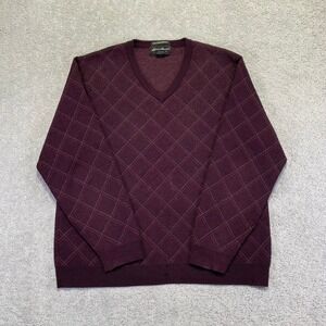 VINTAGE Eddie Bauer Sweater Mens Large Burgundy Argyle Italian Merino Wool VNeck